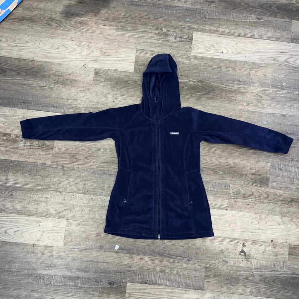 Women’s Columbia Fleece Coat Hooded Large Blue  Full Zip Jacket Athleisure Cozy